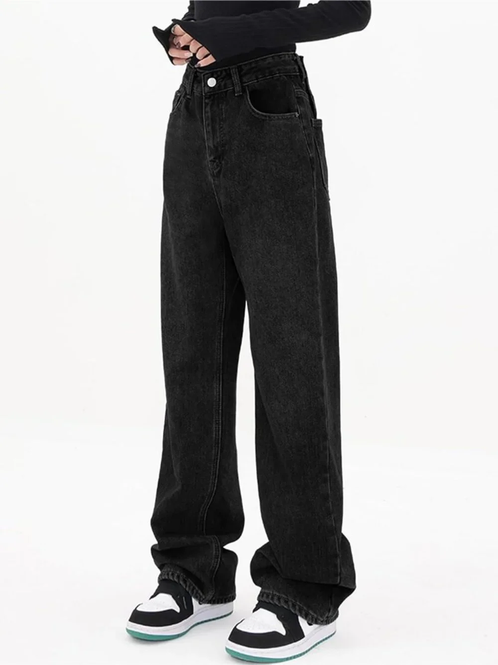Women's Black Denim Y2k Straight Leg Button Zip High Waisted Baggy Jeans